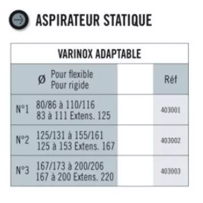 Aspirateur statique Varinox adaptable N°1 Ø80/86 à 110/116mm - TEN Réf. 403001