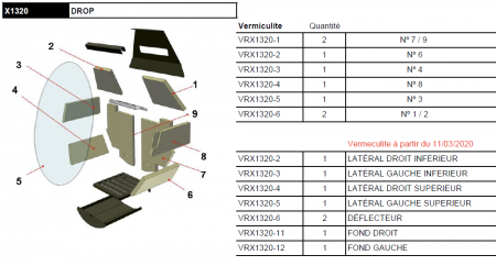 Kit complet de 8 briques vermiculite pour poêle cheminée Rocal Drop X1320 (à partir du 11/03/2020)