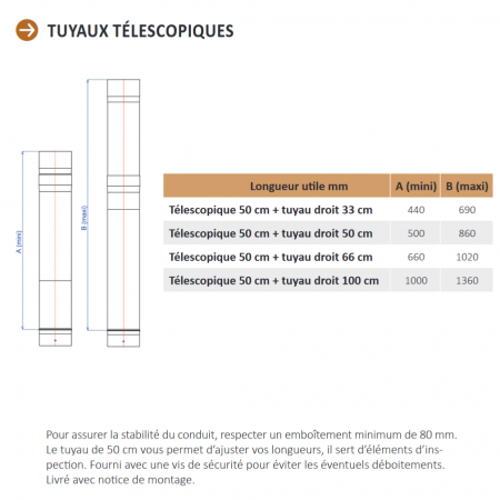 Tuyau coulissant Ø130 M/F noir mat L. 44 à 136 cm (à compléter ...) - TEN Réf. 347543